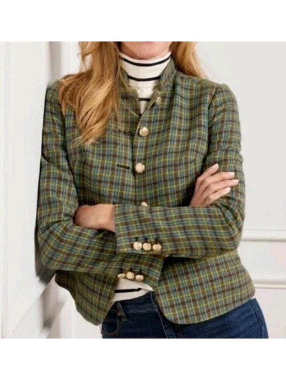 Talbots Shetland Officer Jacket Green Plaid Gold Buttons Wool Blend Size 16